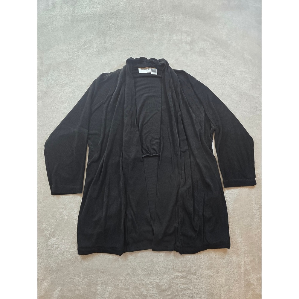 Chicos Travelers Cardigan Womens Size 1 Black Open Front Pockets Top